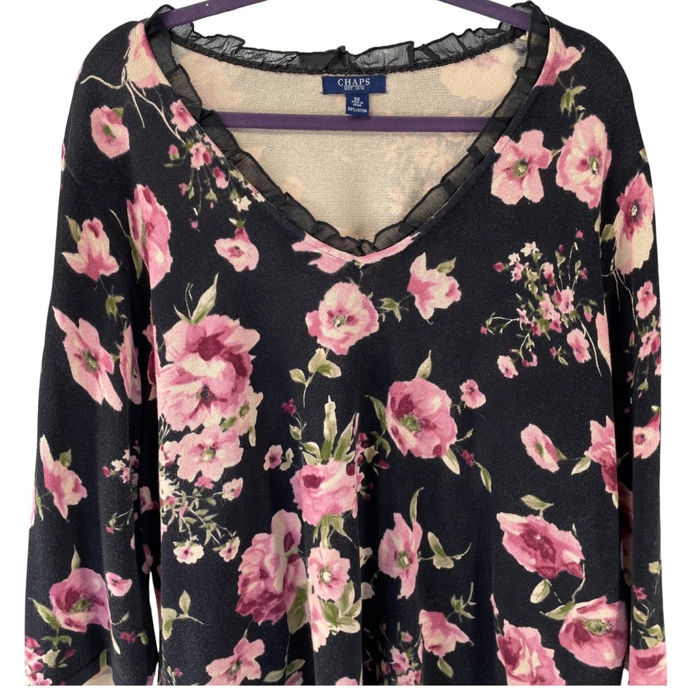 Chaps Womens 3X Black Pink Floral V-Neck Sweater Mesh Ruffle Trim 3/4 Sleeve - Picture 2 of 12